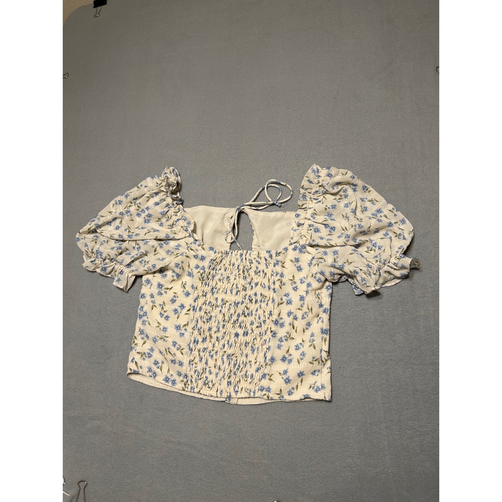 Lulus Floral Puff Sleeve Top Cream Blue Square Neck Smocked Back Blouse Small