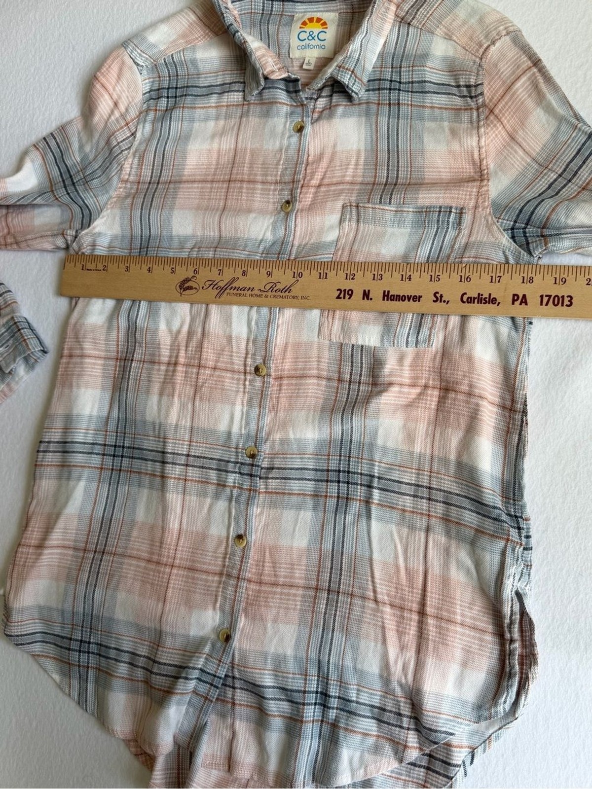 C&C California Plaid Flannel Shirt Large Pink Blue Button Front Pocket
