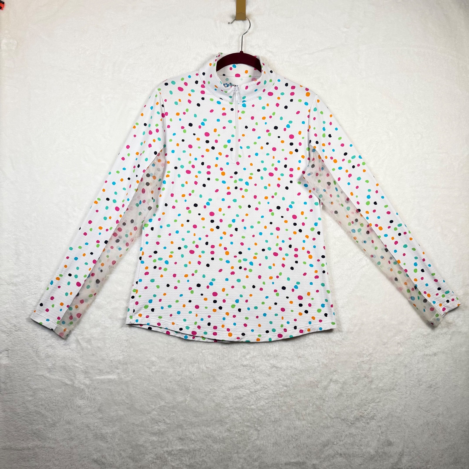 IBKUL M UPF 50+ Confetti Dot 1/4 Zip Golf Top White Mesh Cooling Long Sleeve