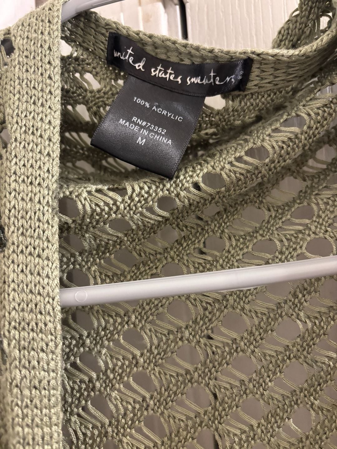 United States Sweaters Women’s Open Front Olive Green Crochet Knit Cardigan M