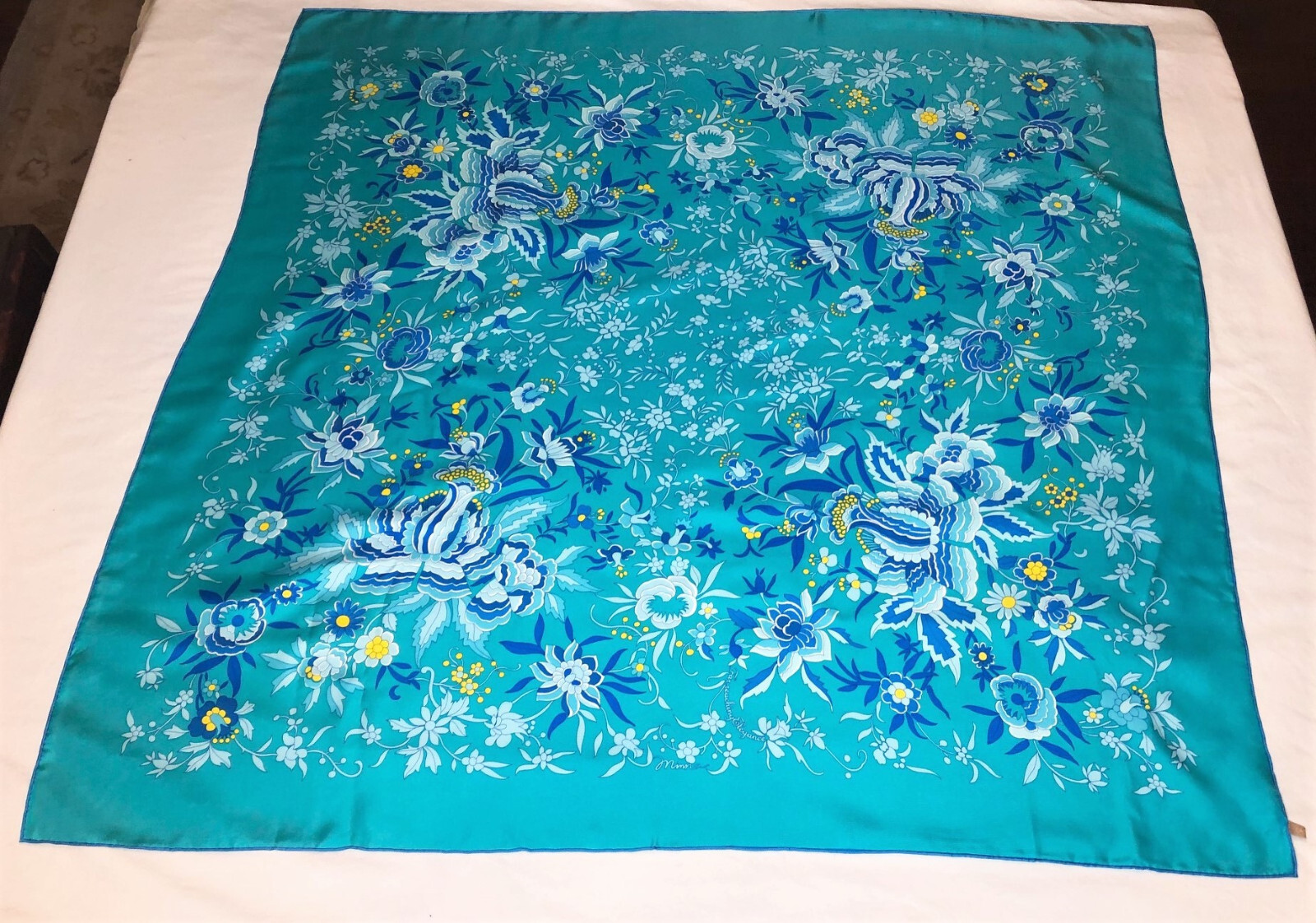 Large Cathaya Aqua Blue Silk Scarf Floral Flowers White Yellow 42″ x 42″