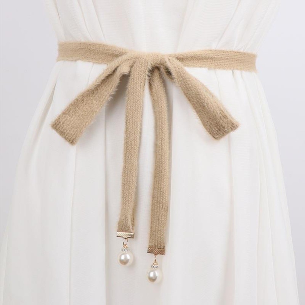 Women Knitted Beaded Belt Waistband Tie Ribbon Strap for Sweater Jumper Cardigan