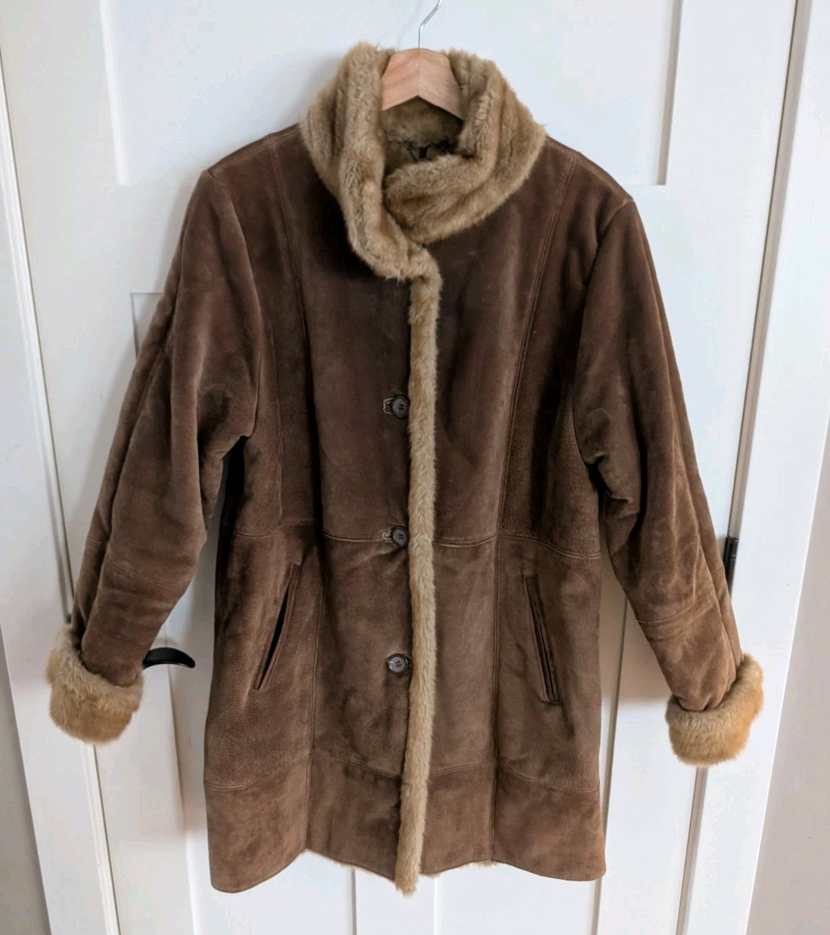 Vintage 70s Suede Leather Long Coat Womens S Brown Trench Faux Fur Trim & Lining