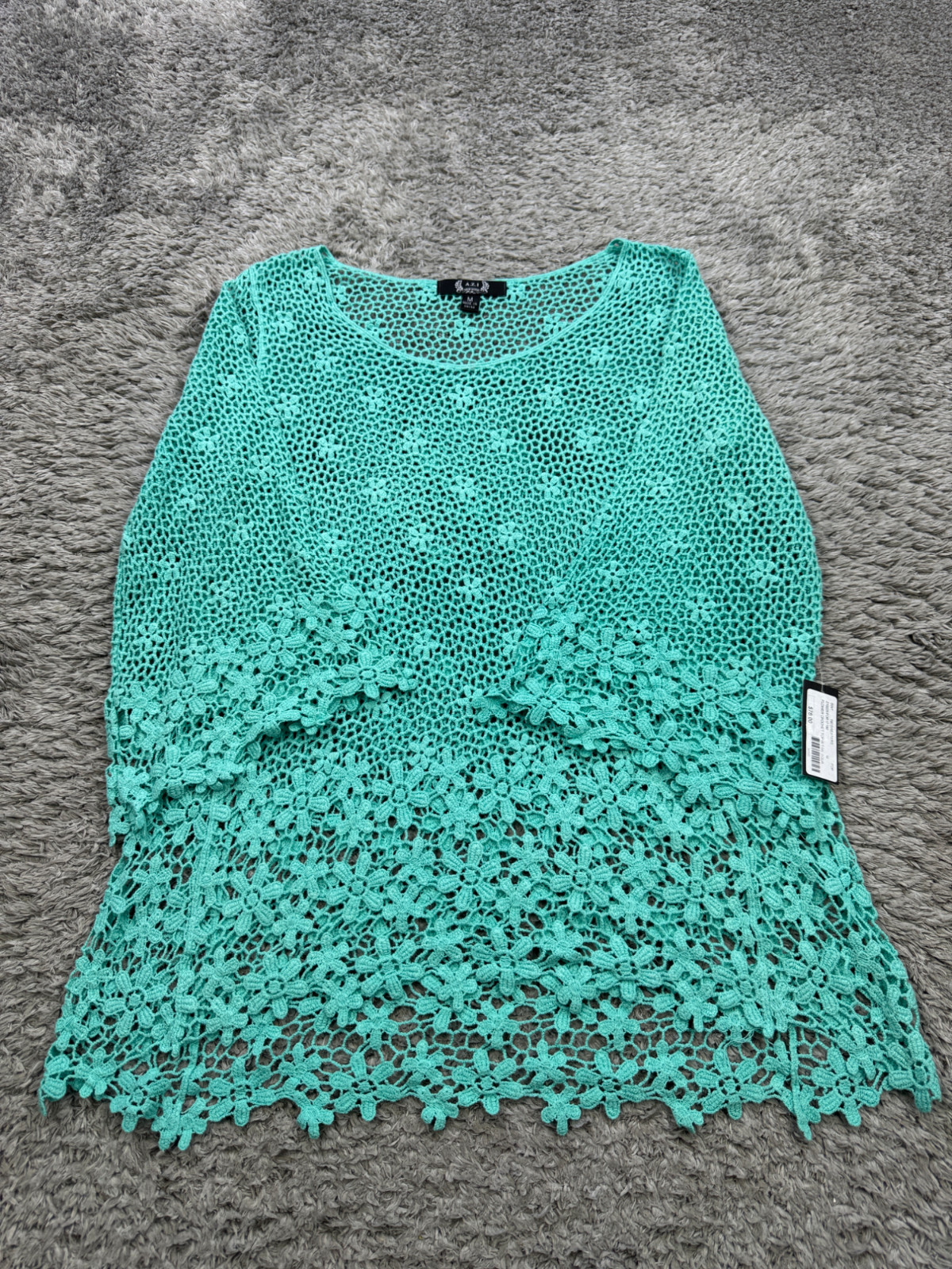 AZI Sweater Women Medium Aqua Floral Crochet Lace Flutter Sleeve Over Up Top NWT