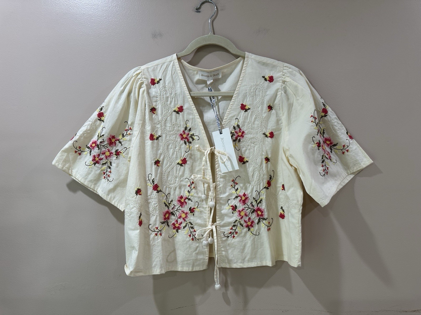NWT Jennifer Grace Cream Tie Top Floral Embroidered Cottagecore Boho Womens S