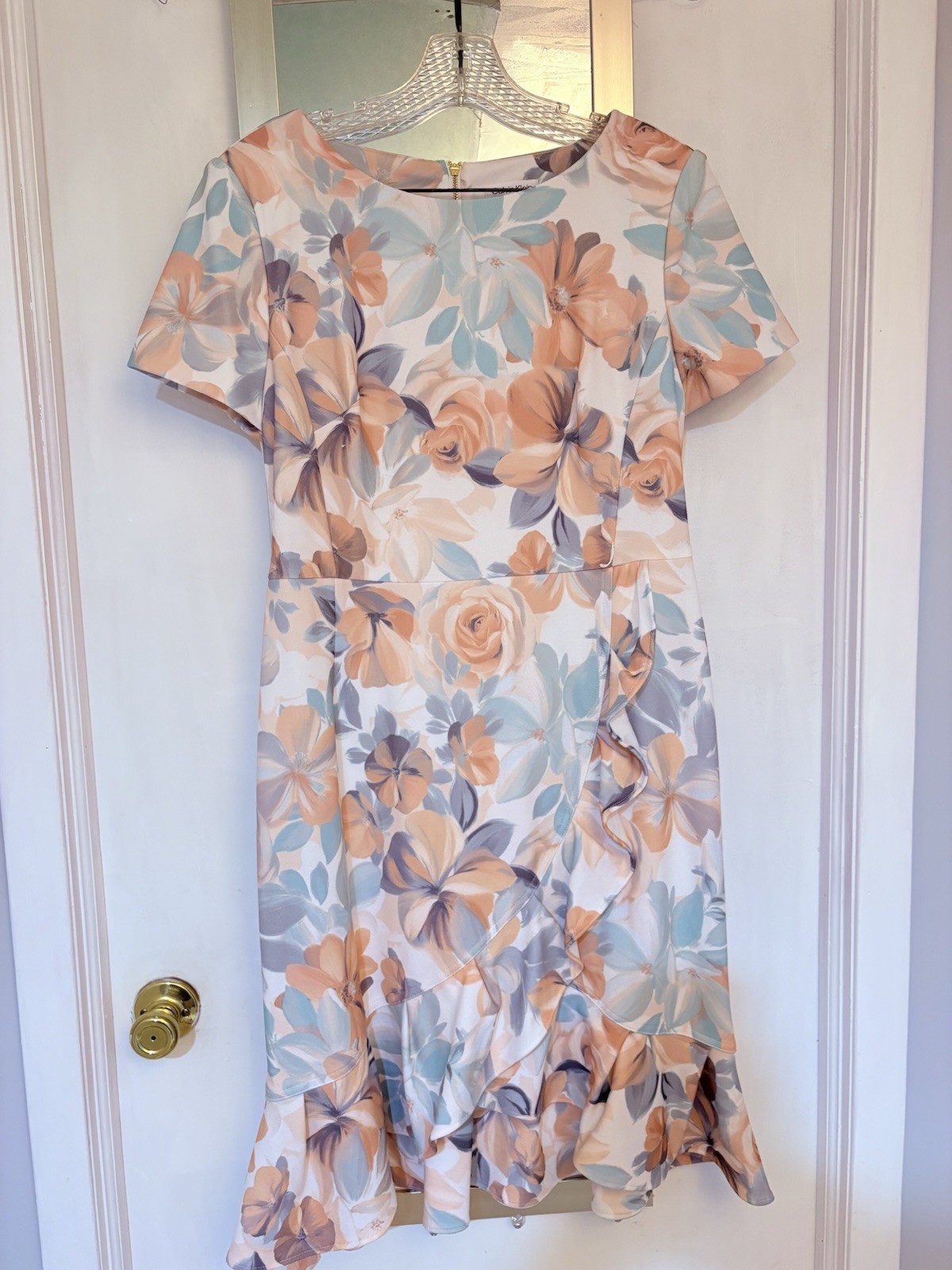 Calvin Klein Women’s Floral Fit & Flare Knee Dress Size 14 Short Sleeve Belted