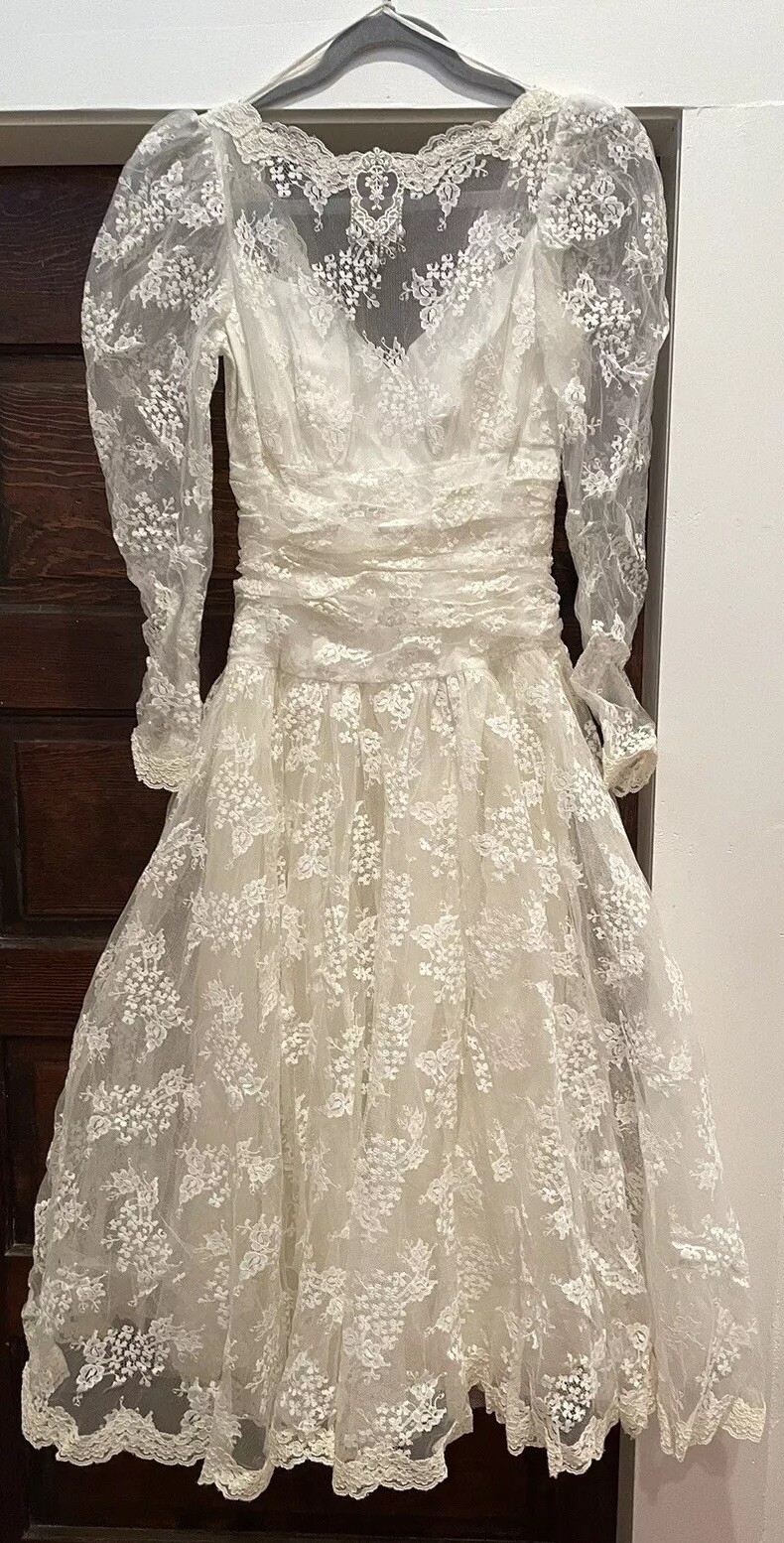VTG 80s Wedding Dress Lace Tea Length Scalloped Hem Mori Lee MORILEE SZ 10