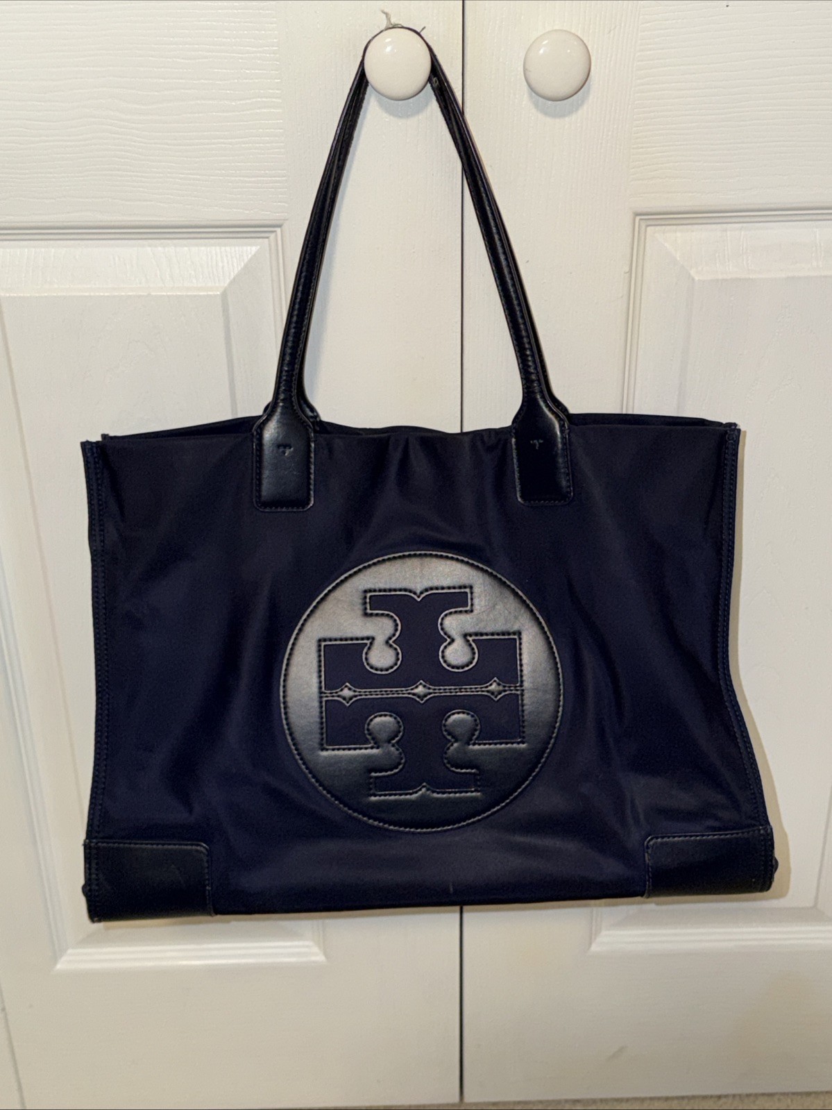 Tory Burch “Ella” Large 18x12x7 Tote Bag Purse Navy Blue Nylon Magnetic Close