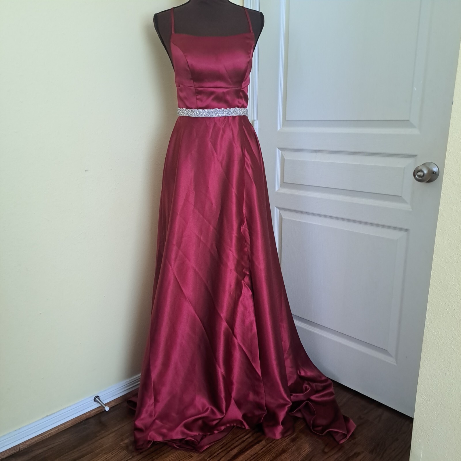 Satin Prom Maxi Red Dress Long Ball Gown with Slit Backless Spaghetti Straps