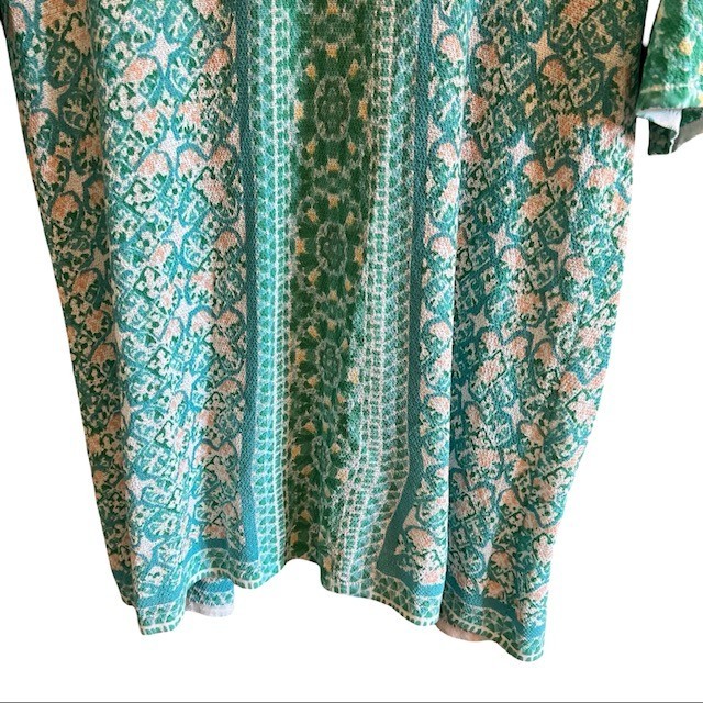 Chicos Soft Tile Stripe Duster Cardigan Sweater 2 L Turquoise Boho Open Front