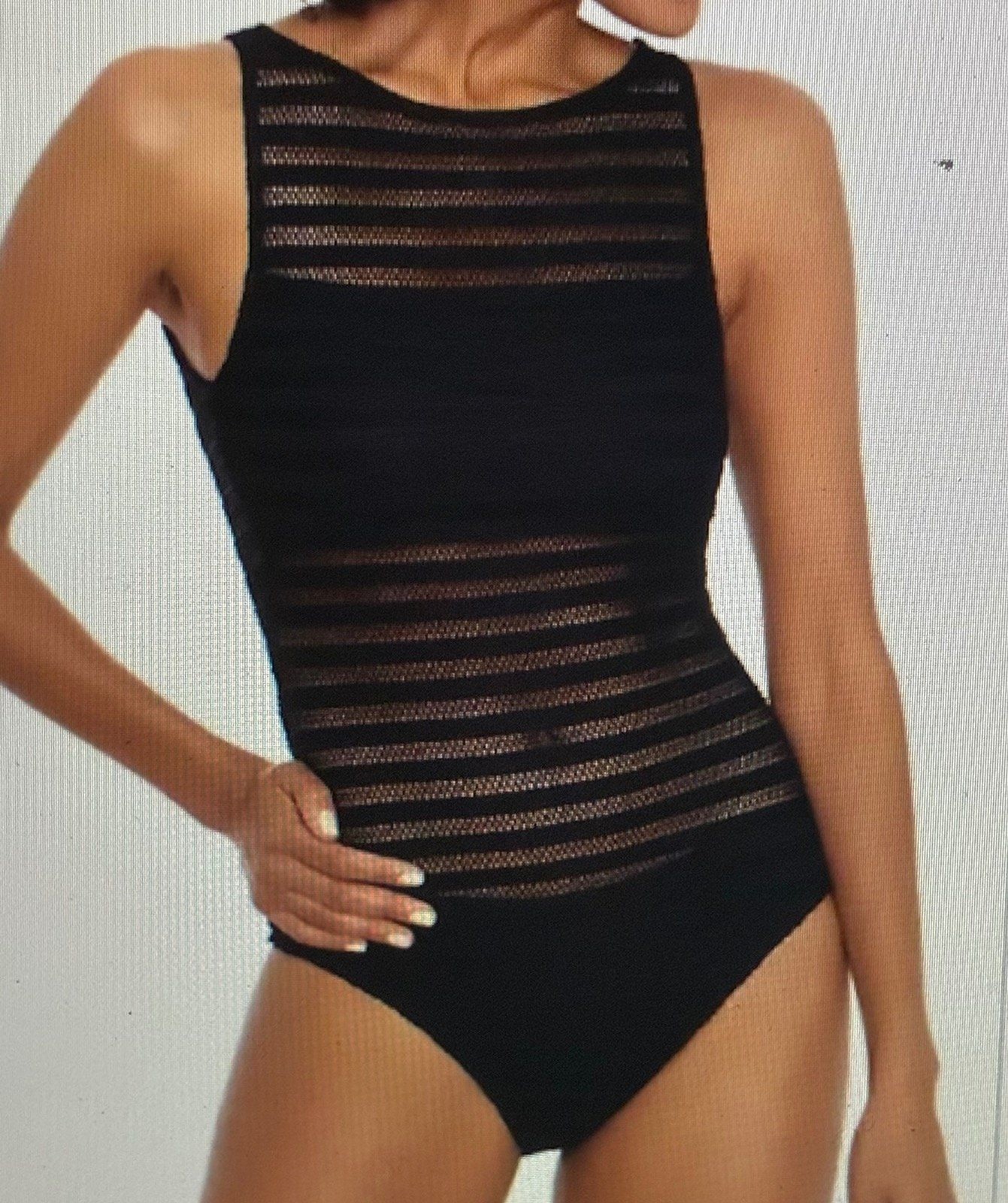 NWT Lauren Ralph Lauren Black Ottoman Boatneck Mesh One Piece Swimsuit 16