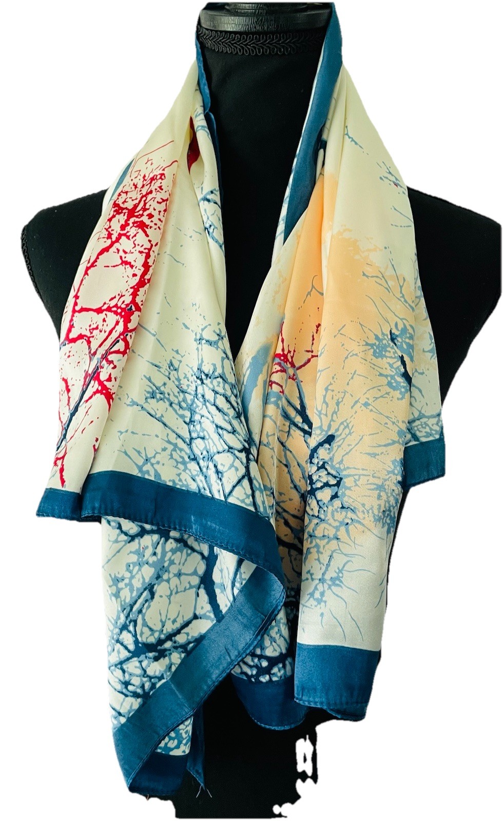 Womens Scarf 35 in Tree Pattern Beige Blue Abstract