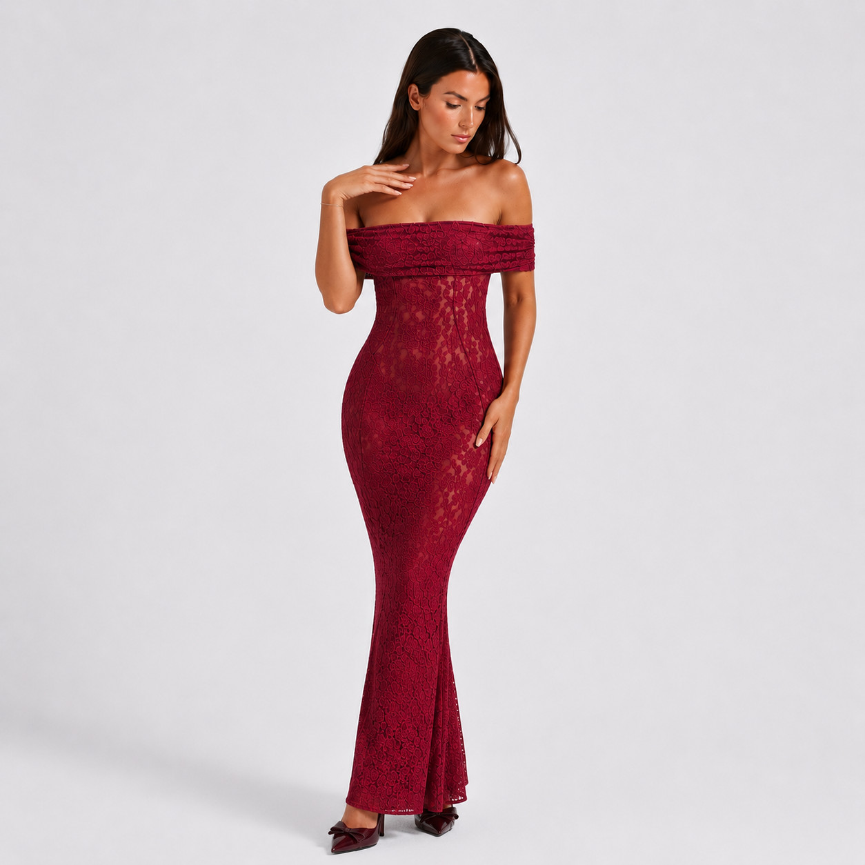 Women’s Off Shoulder Lace Mermaid Maxi Dress Elegant Formal Prom Wedding Guest