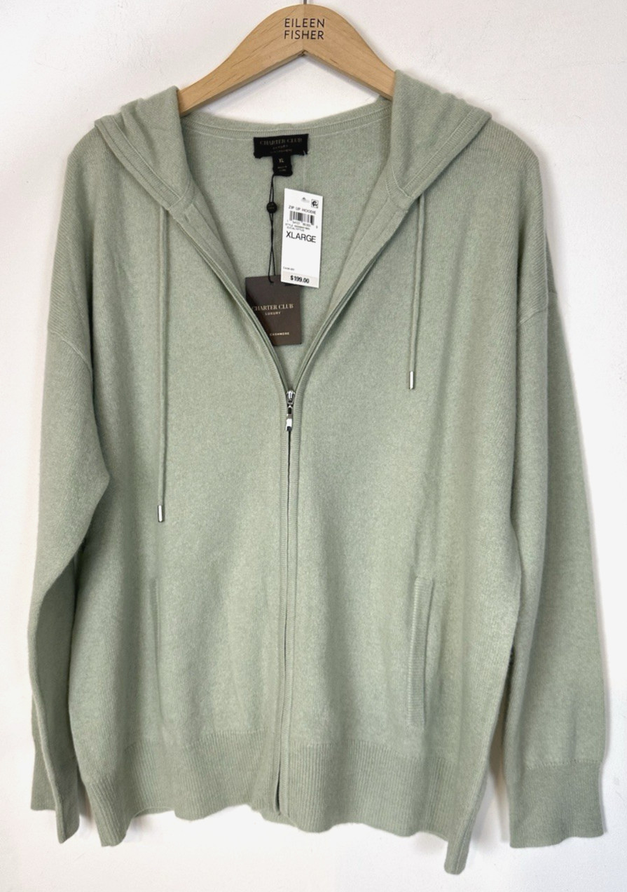 Charter Club 100% Cashmere Women’s XL Zip Hoodie Eucalyptus New