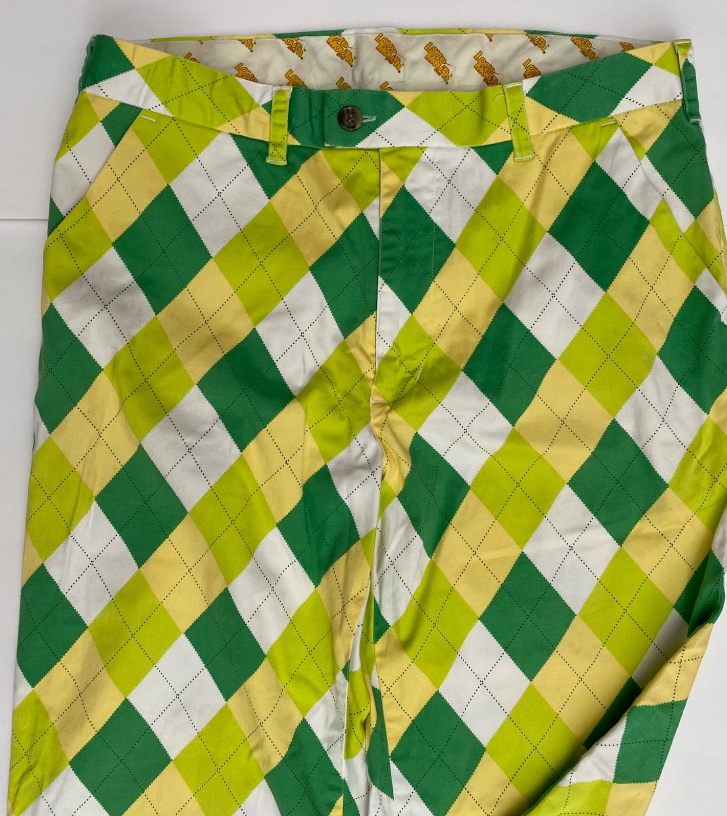 Loudmouth Men’s Golf Pants 36 x 32 Green Yellow Argyle Diamond Cotton