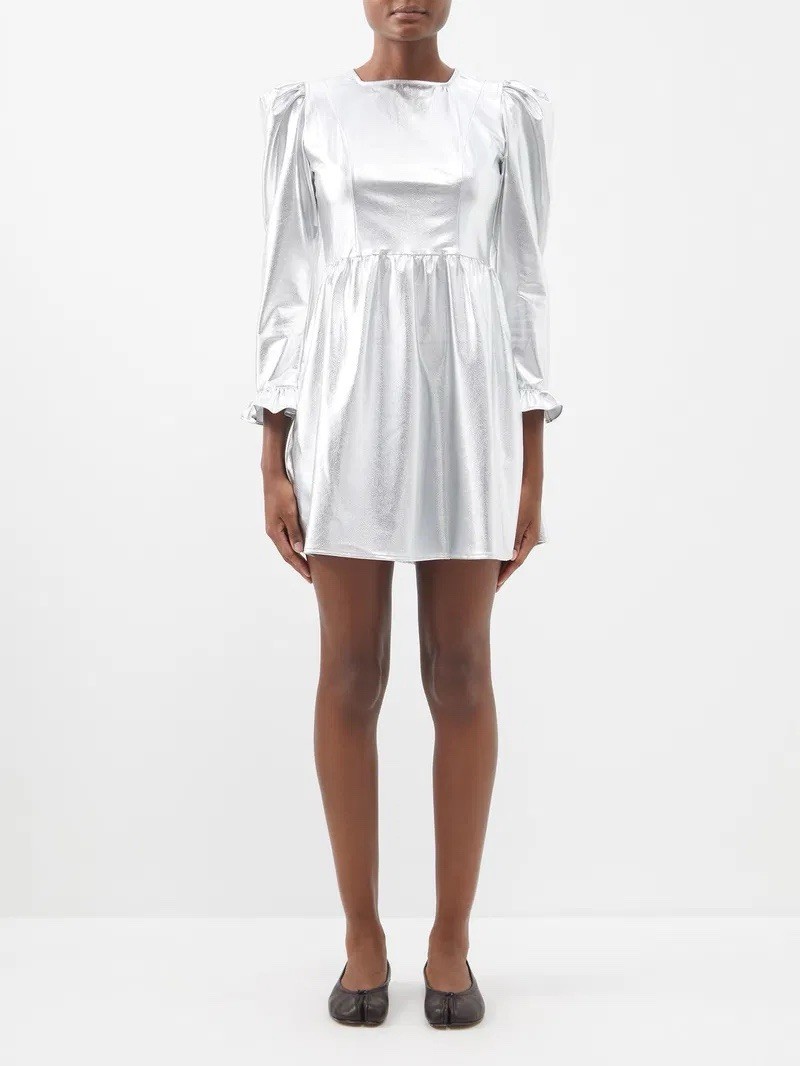 BATSHEVA Silver PVC Prairie Square Neck Ruffle Cocktail Party Mini Dress New 6
