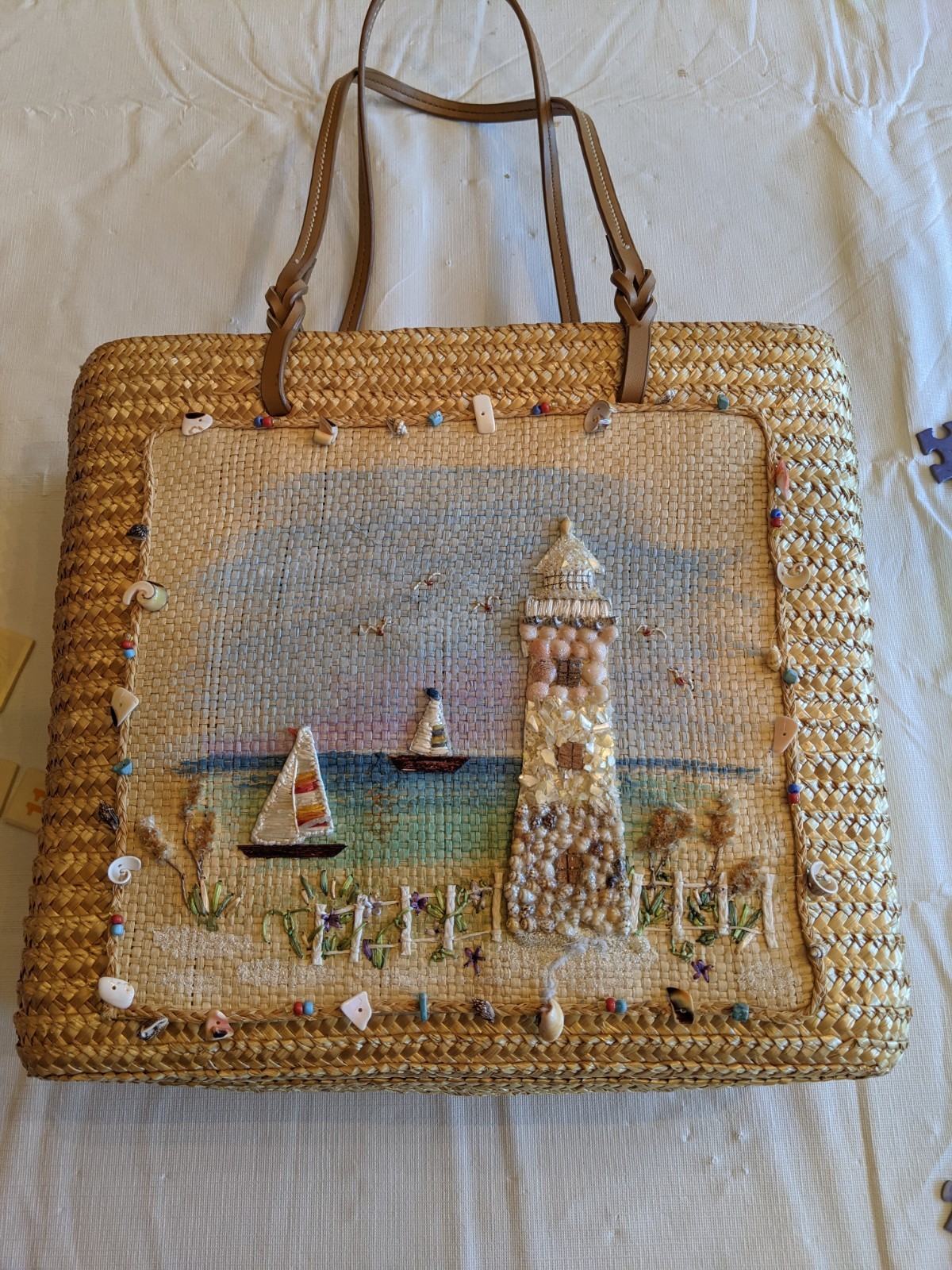 Hand Painted Capelli Straworld Tote Purse Lighthouse Shells Beach Tote Sailboats