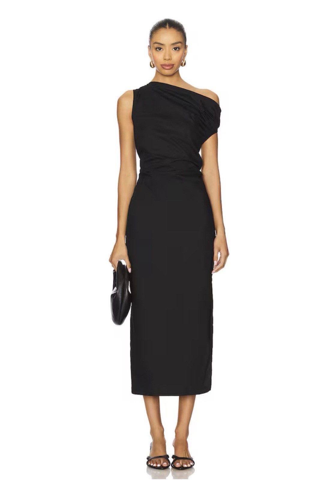 Enza Costa Revolve Black Cotton Poplin Structured Ruched Off Shoulder Midi Dress