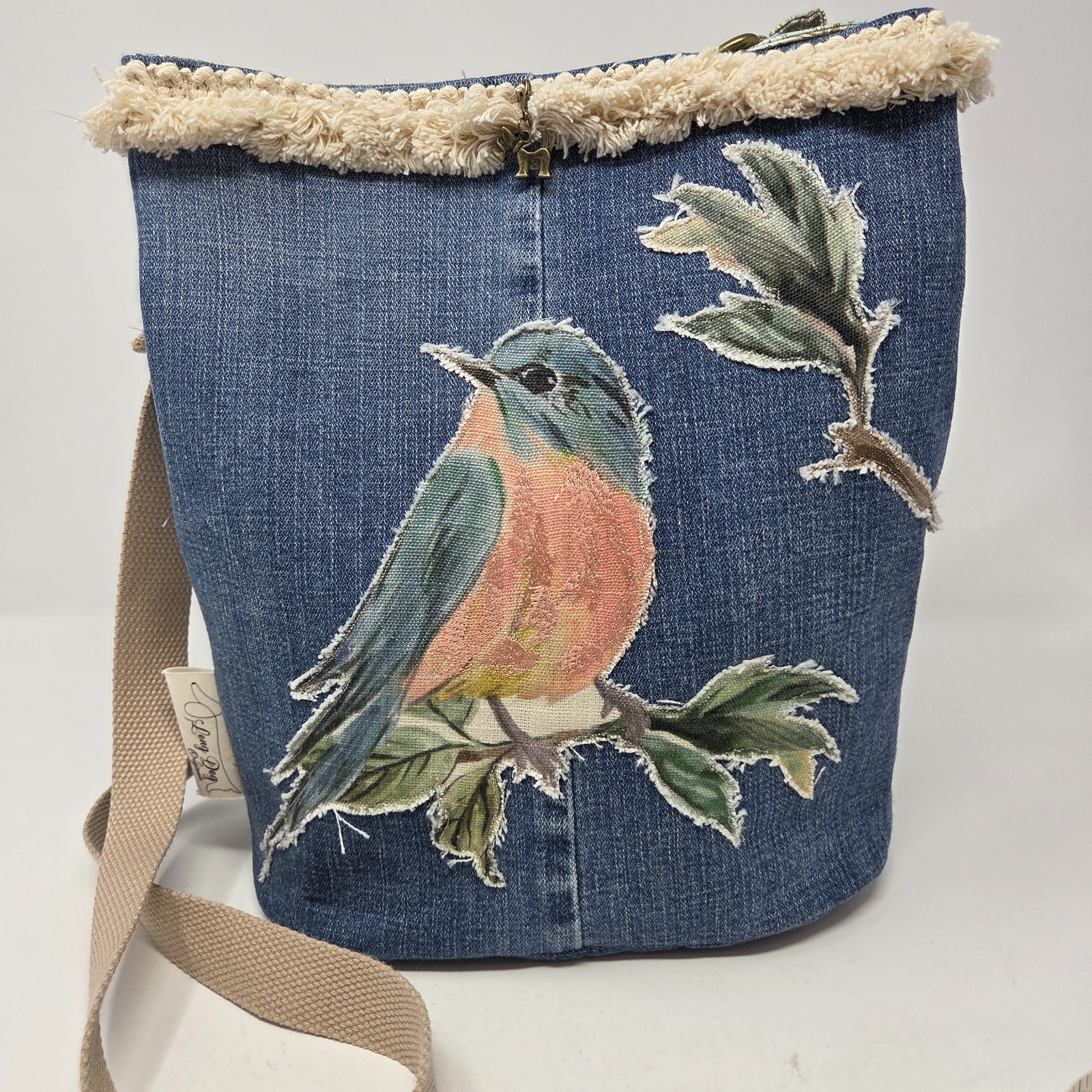 Handcrafted Upcycled Denim Bird Wildlife Tote HandBag Purse Adjustable Crossbody
