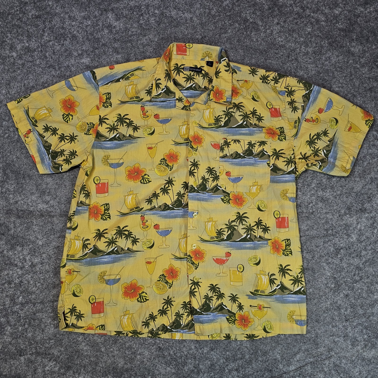 Blue Generation Hawaiian Shirt Men L Large Short Sleeve Palm Beach Drinks Camp