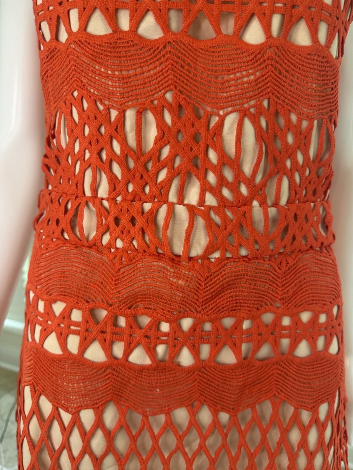 Endless Rose Women’s Guipure Lace Bodycon Dress in Orangish-Red/ Chili Size M