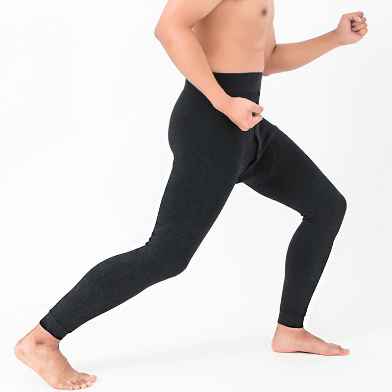 Black Men Fur Lined Elastic Warm Thermal Long Johns Legging Underwear Pants