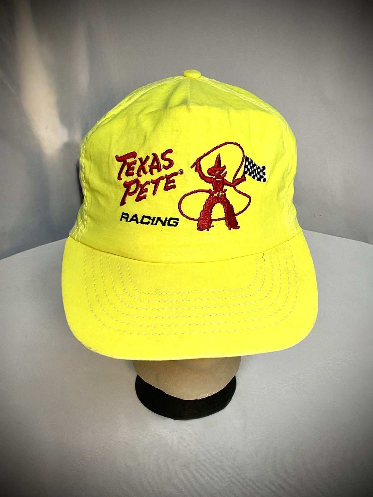 Vintage Texas Pete Racing Distressed Snapback Hat Cap Men Made USA Neon Yellow