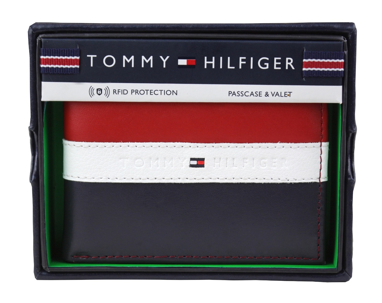 Tommy Hilfiger Men’s Leather Wallet Passcase Billfold Rfid Red Navy 31TL220053