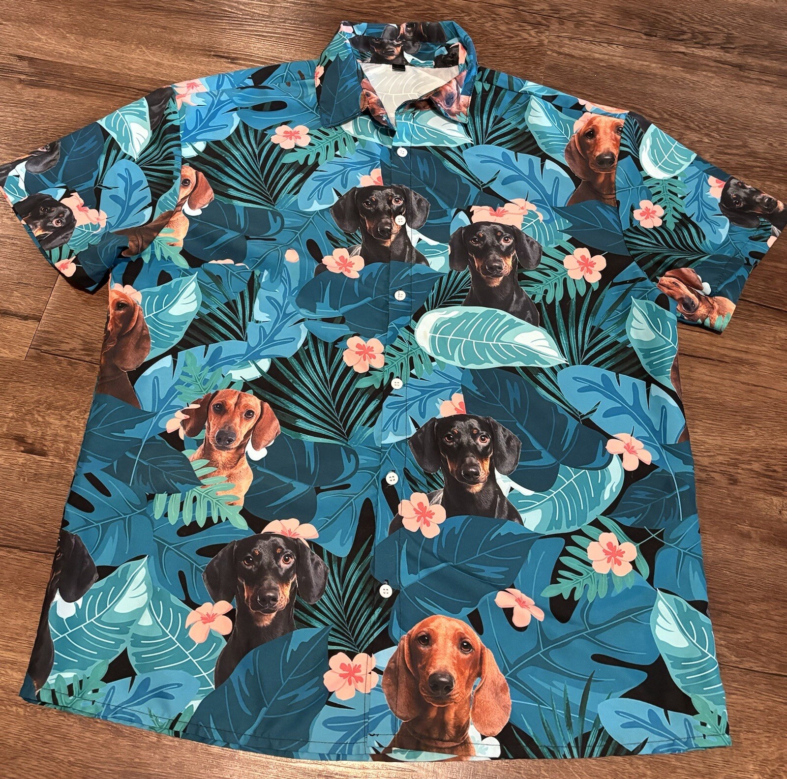 Hawaiian Floral Mens All Over Dog Print Button Down Shirt- LG
