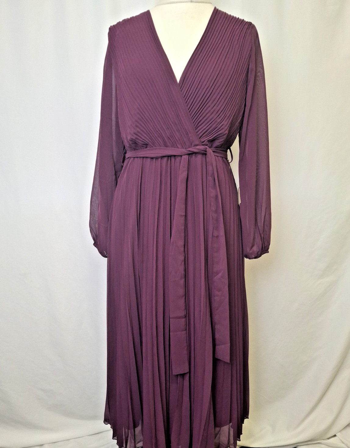 Yumi Wrap Style Pleat Midi Dress Plum Purple Belted Women’s UK14 NWT C6295