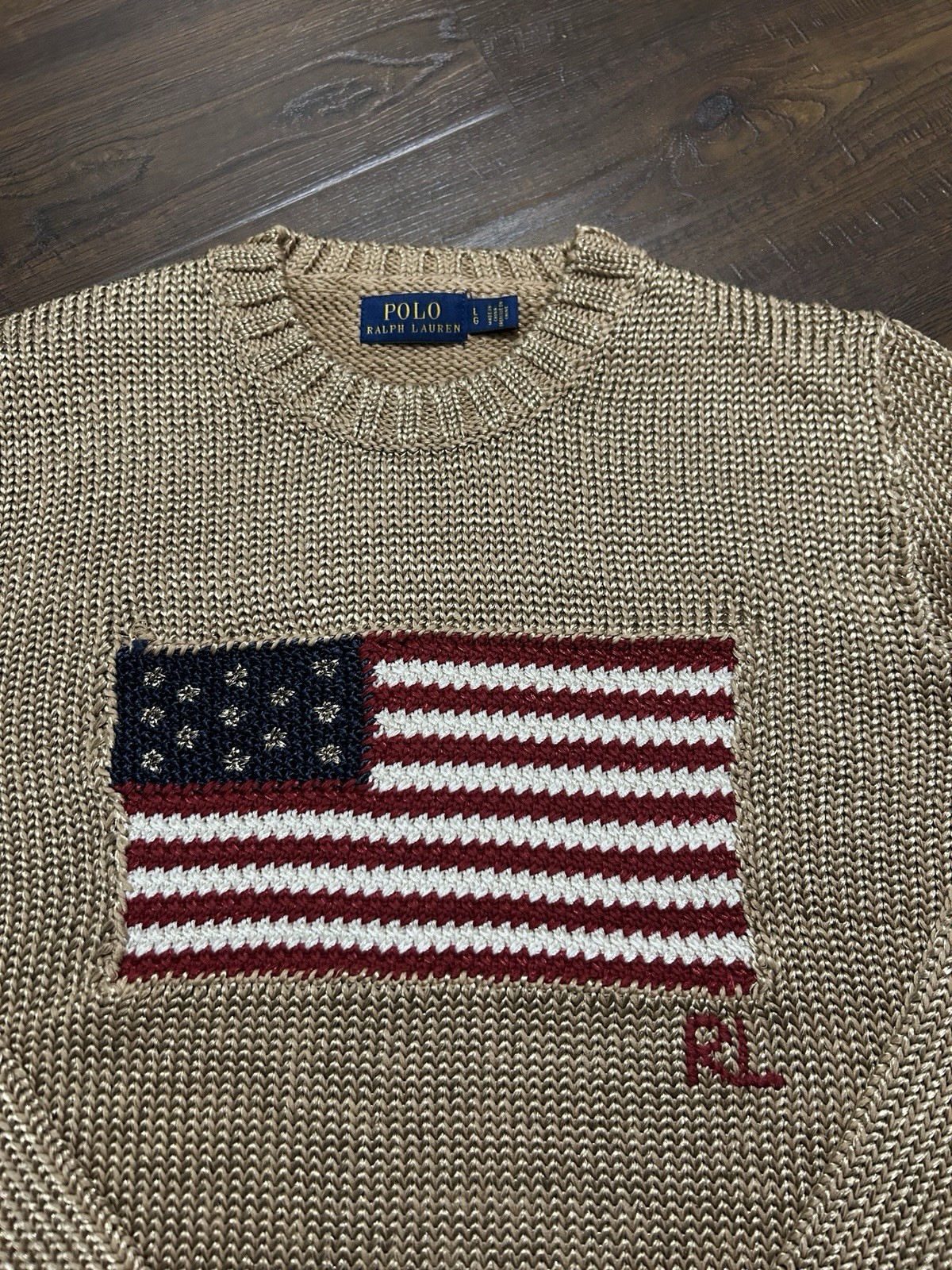 Size L. Polo Ralph Lauren Gold Knit Sweater American Flag Embroidery