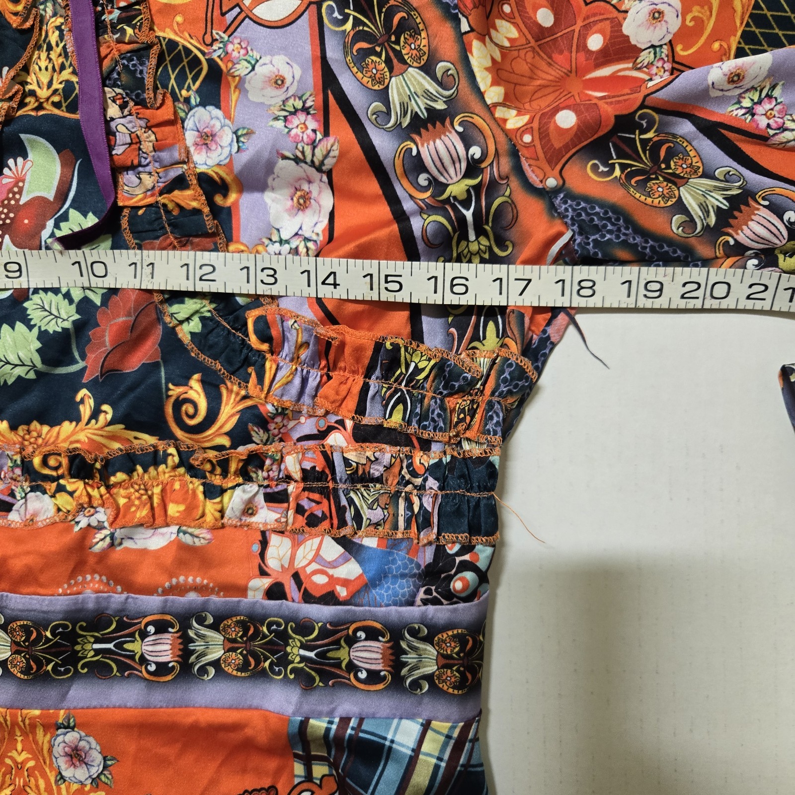 Dalia MacPhee Orange Multicolor Floral A-Line Dress High Neck 3/4 Bell M