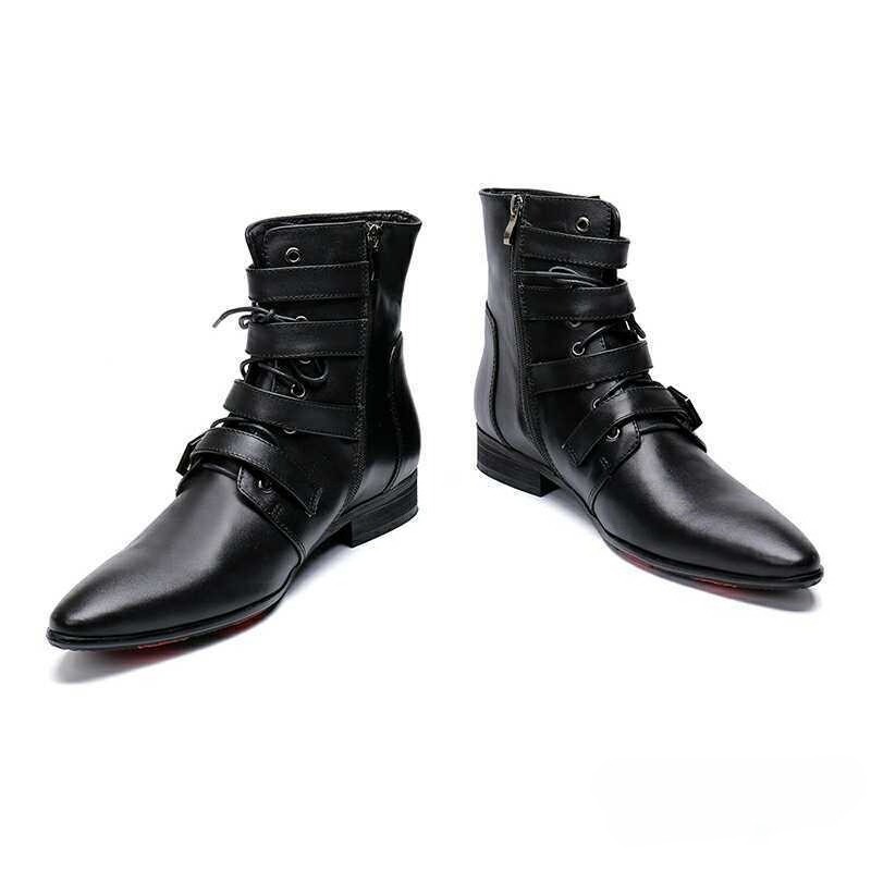 Men’s Leather Ankle Boots Pointed Toe Multi Buckles Dress Shoes Formal Cargo OL