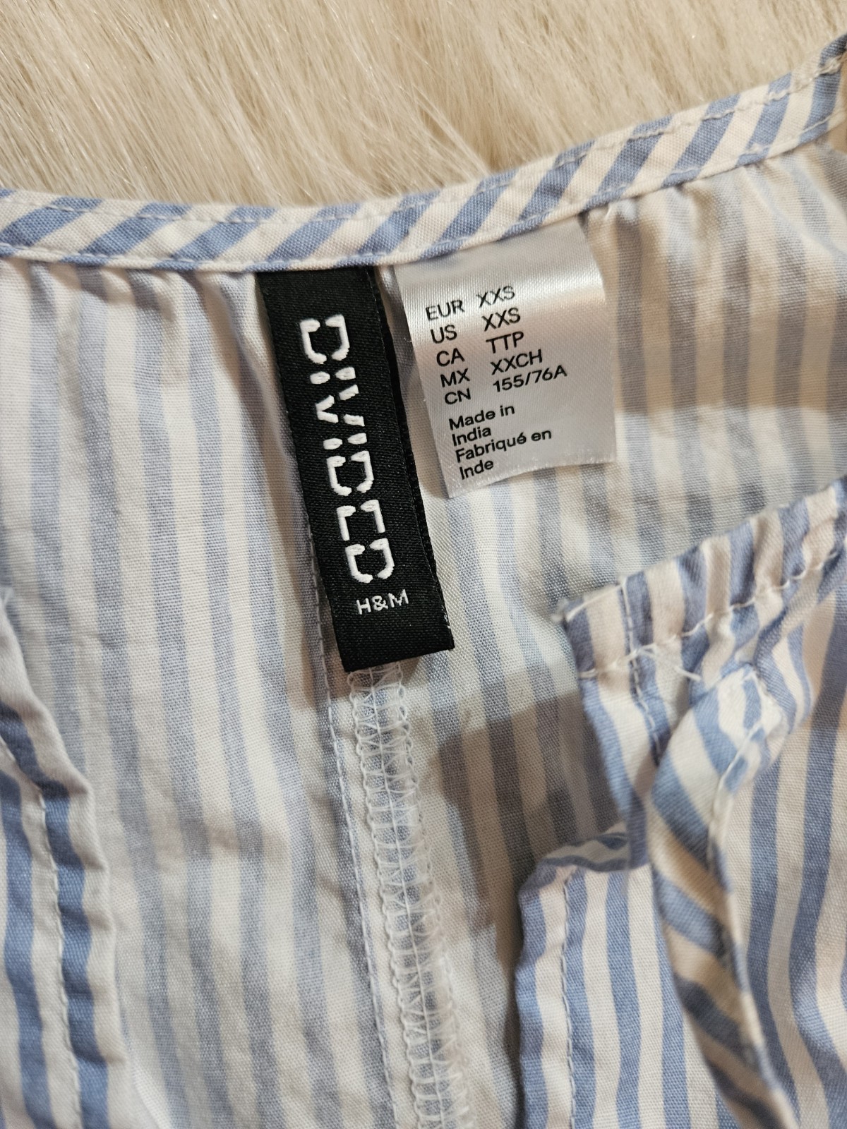H&M Divided Blue White Striped Puff Short Sleeve Tie Front Mini Dress Size XXS