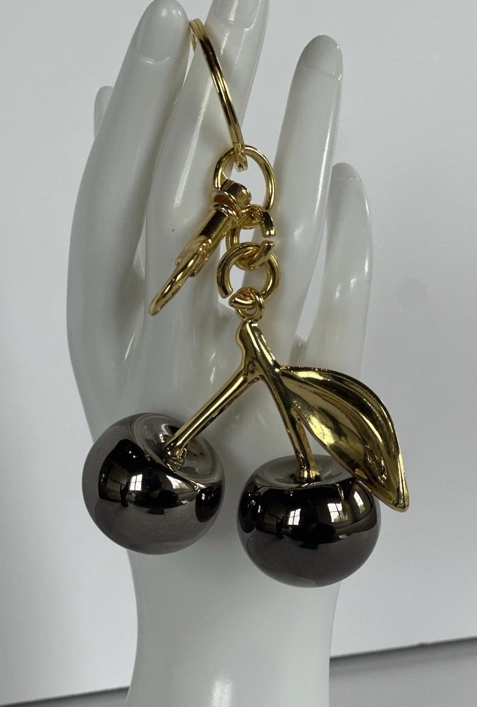 Mirrored Gunmetal Gray Cherry Bag Charm | GOLD Keychain+Premium Velvet Dust Bag