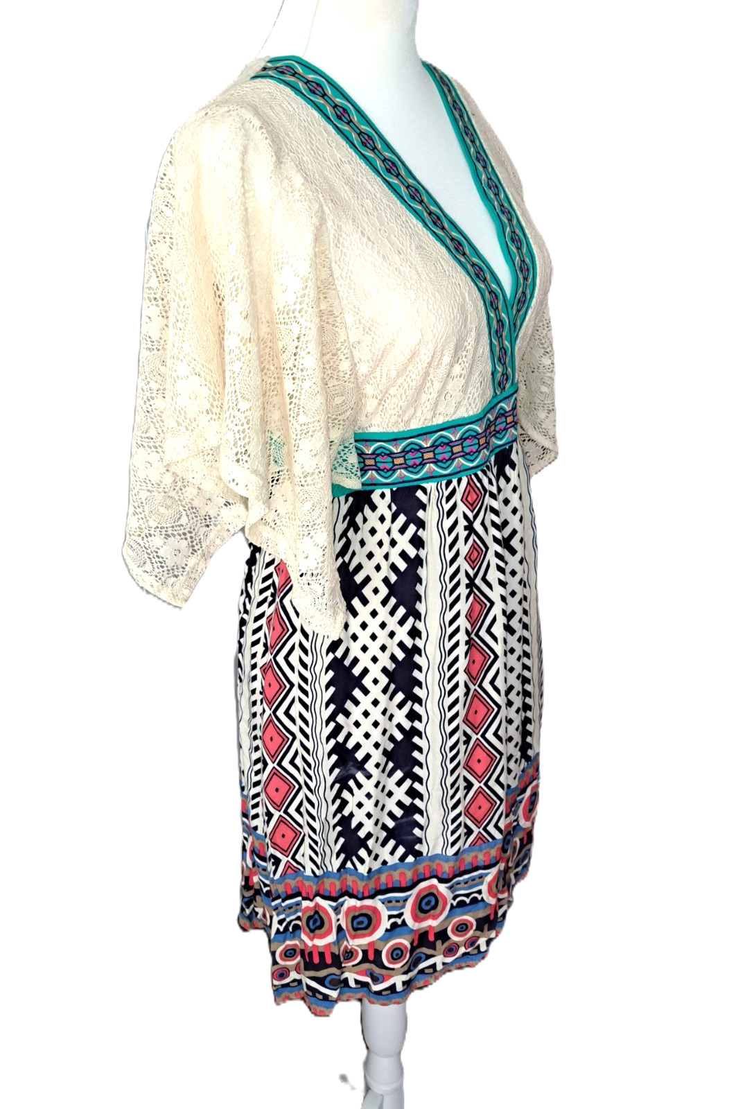 Womens FLYING TOMATO embroidered western dress MEDIUM ivory lace boutique aztec