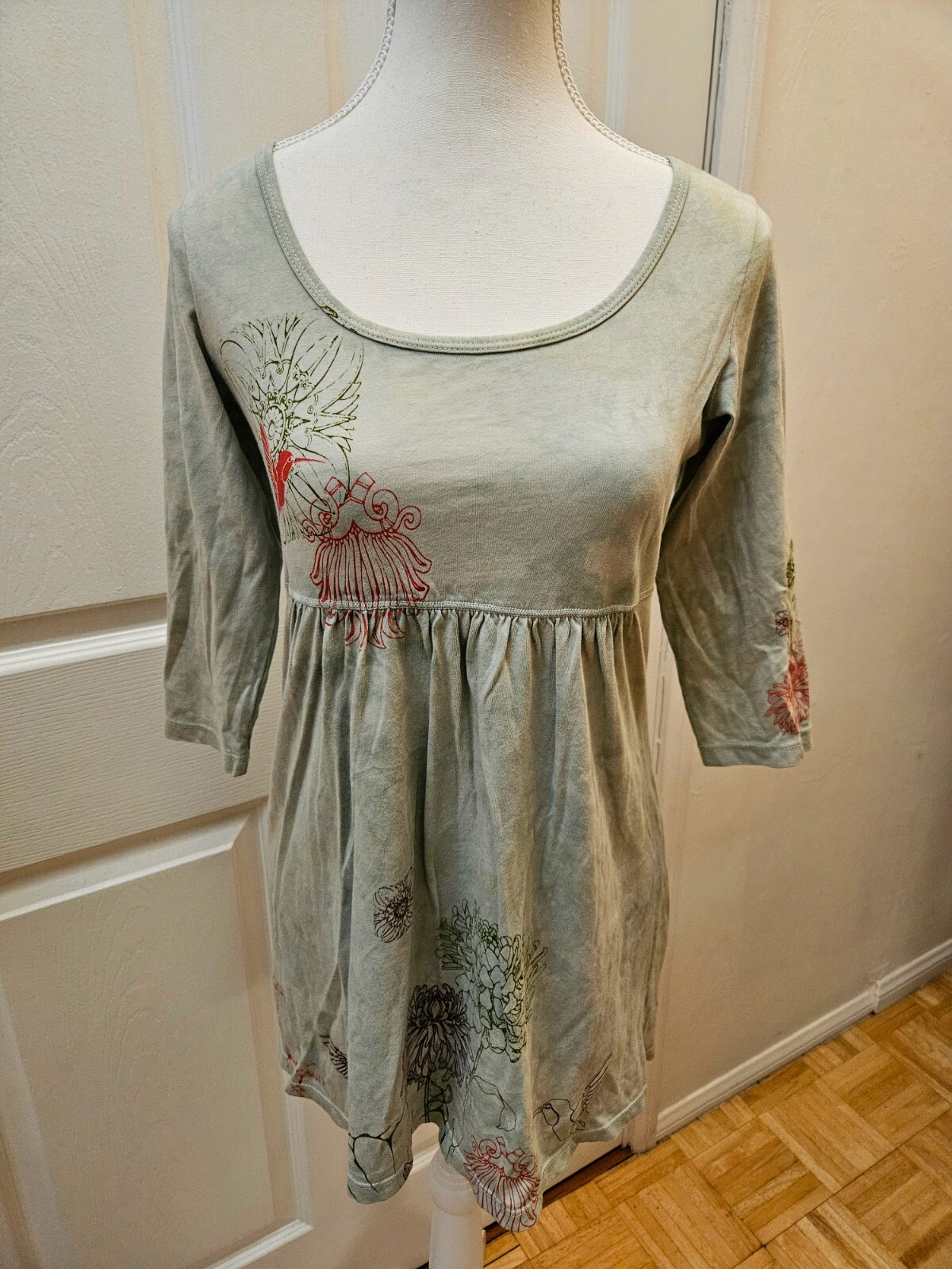 NEW Vintage Y2K GLIMA Green Red Bird Print Floral Cotton Tunic Blouse Top S