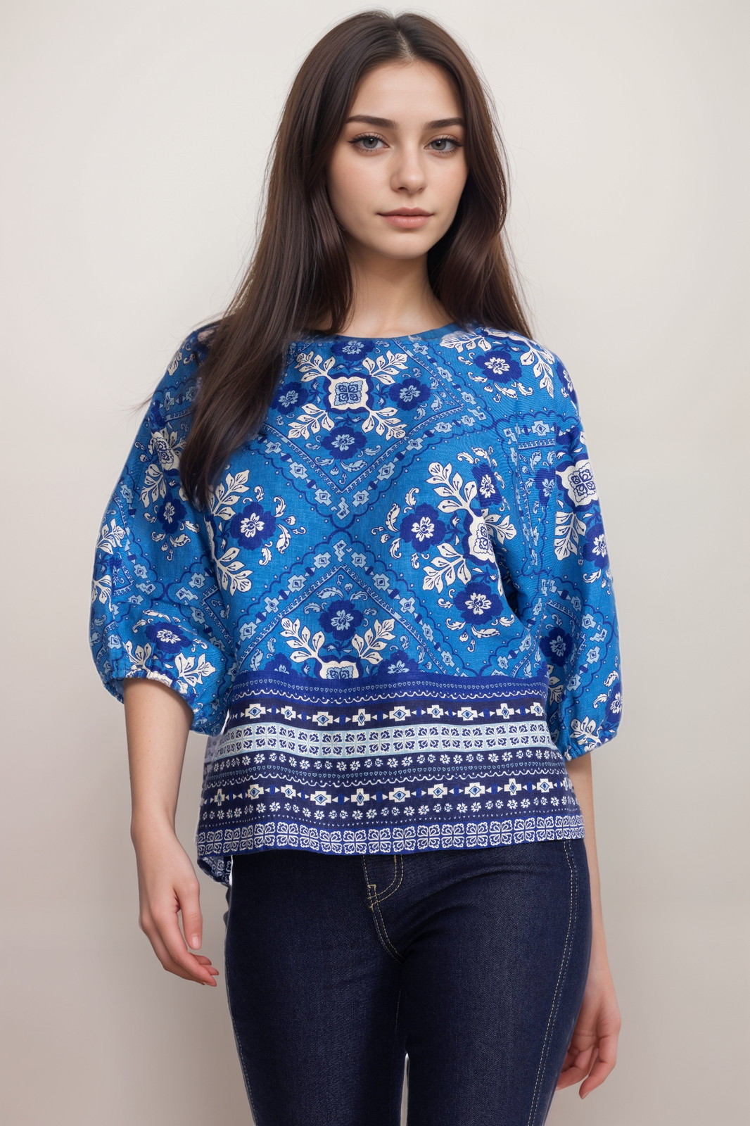 Johnny Was JWLA Blue Linen Boat Neck Blouse J12425-2