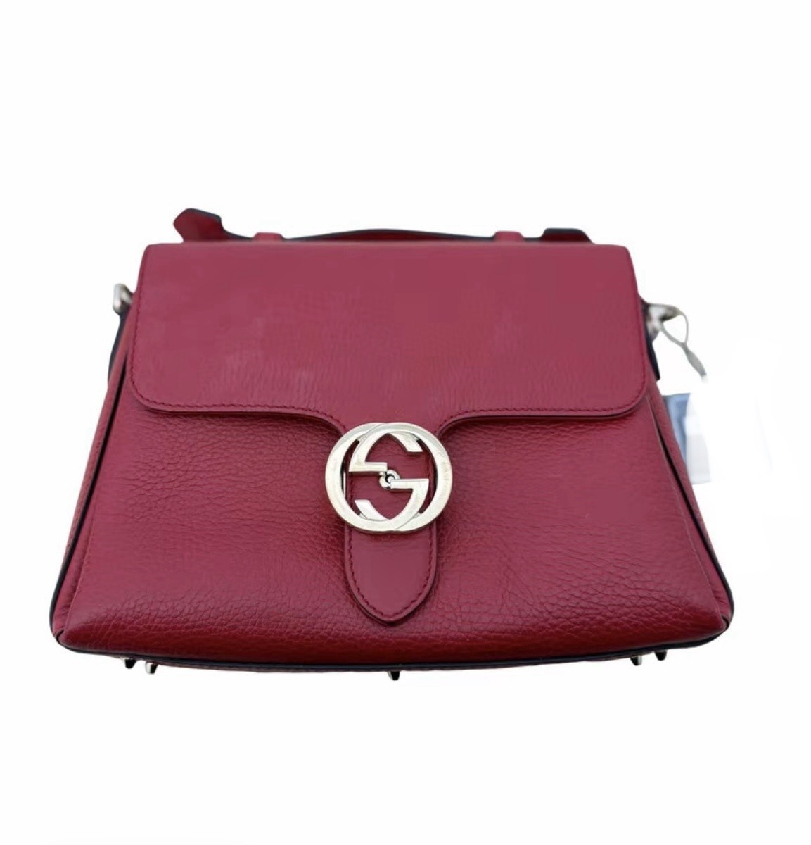 Authentic GUCCI GG Dollar Calfskin Interlocking Top Handle Shoulder Bag Red