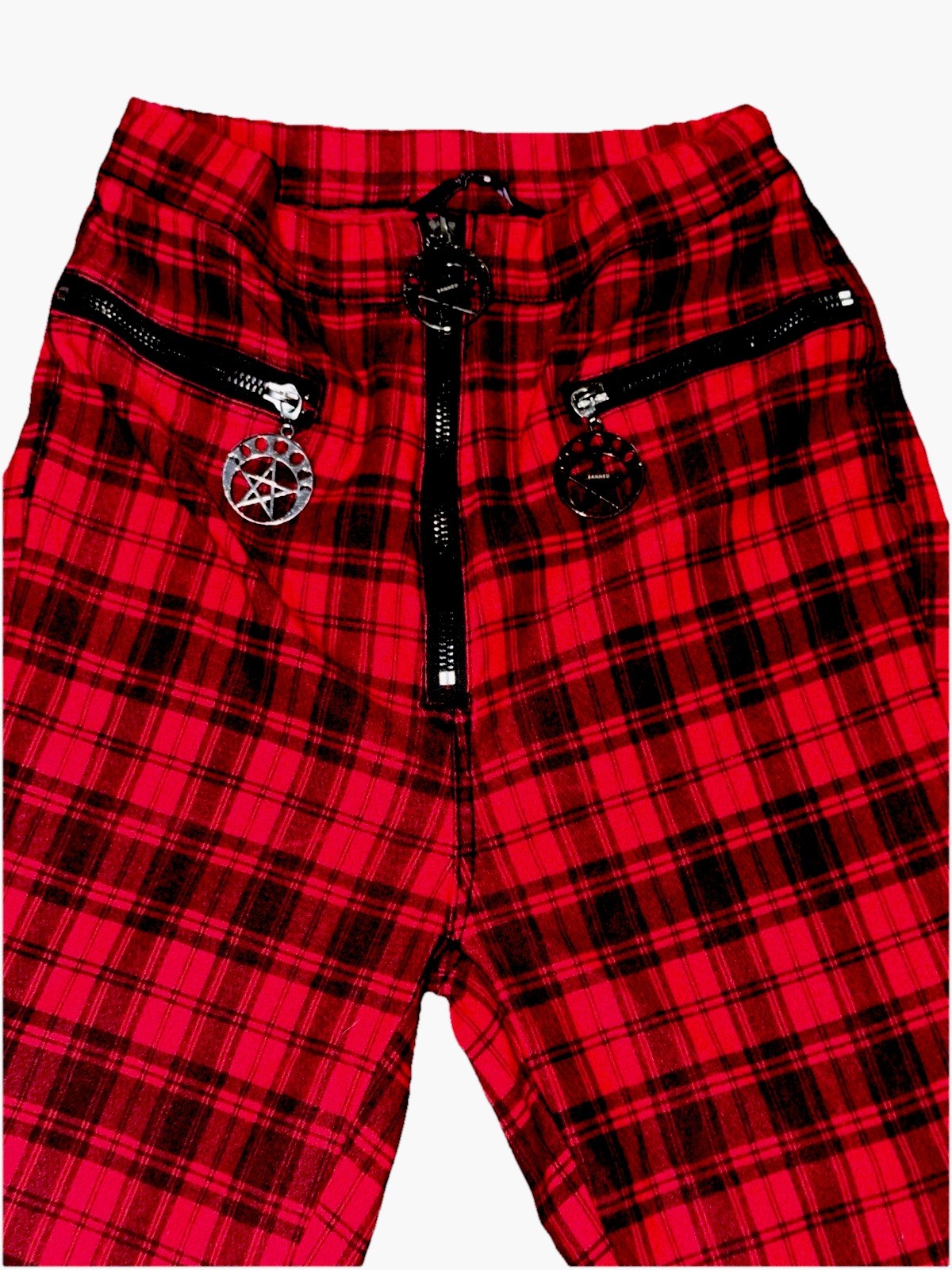 Banned Alternative Red Plaid Pants Gothic Punk Grunge Pentagram Zipper Skinny S