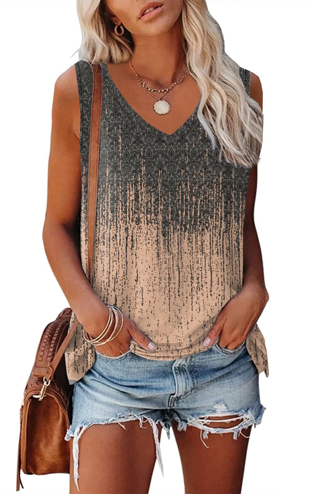 Women’s Sexy Tie Dye V Neck Loose Fit Tank Top Sleeveless T Shirt, Orange, XL