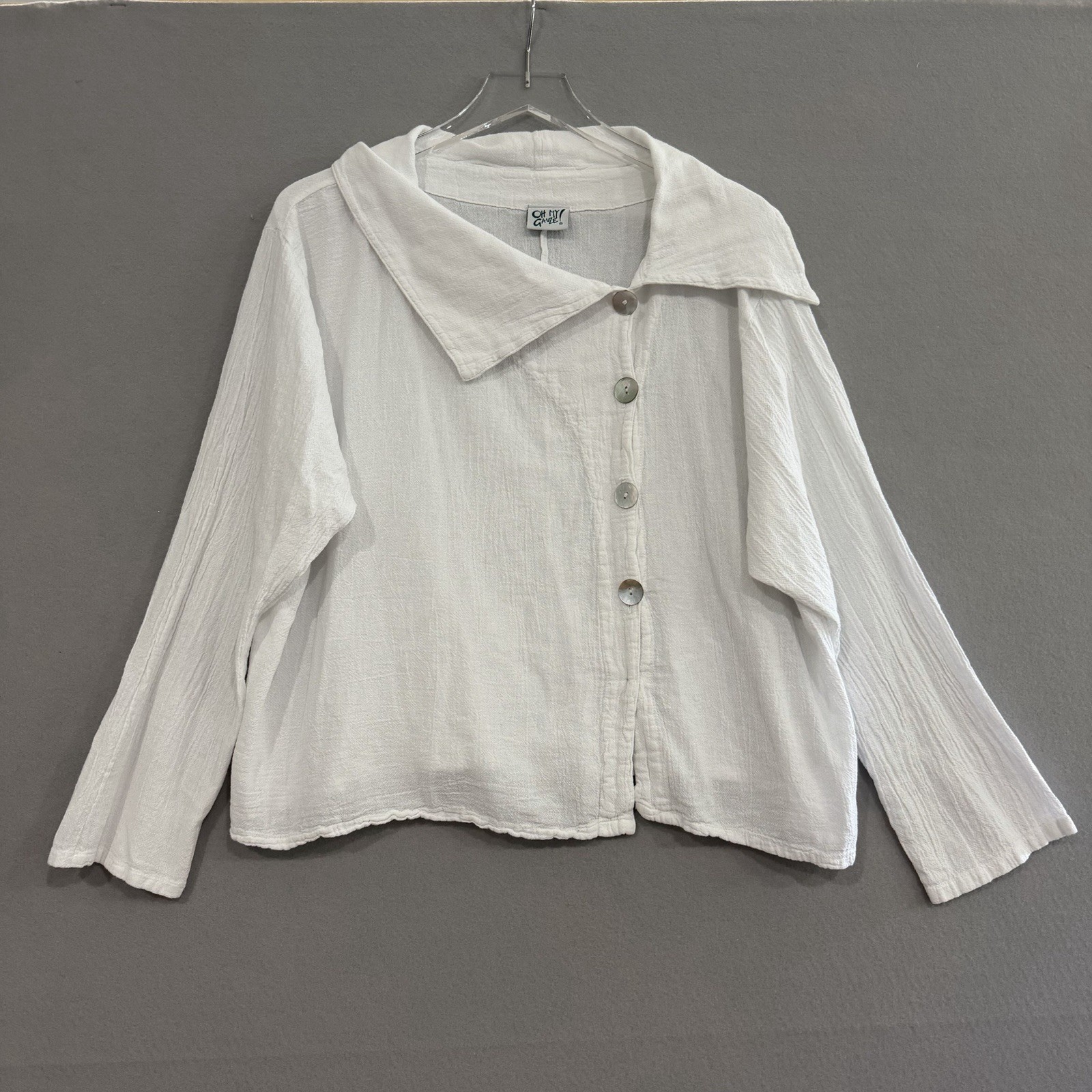 Oh My Gauze Top Women OS White Cotton Gauze Button Up Asymmetrical Collar Shirt