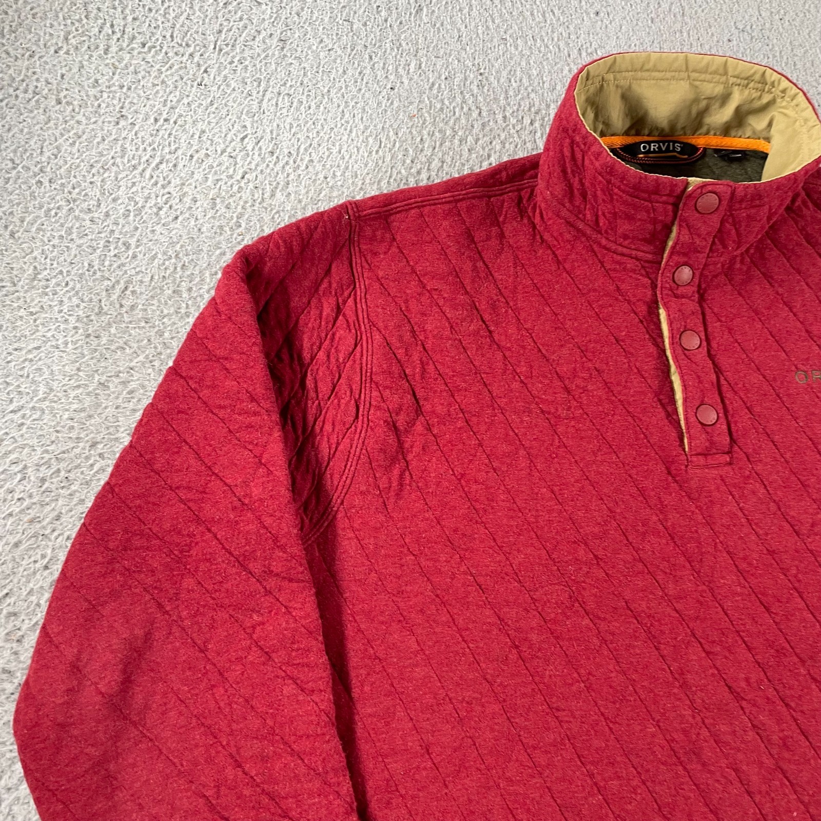 Orvis Pullover Men Large Red Quilted 1/4 Zip Snap Outdoors Hiking Pockets Casual