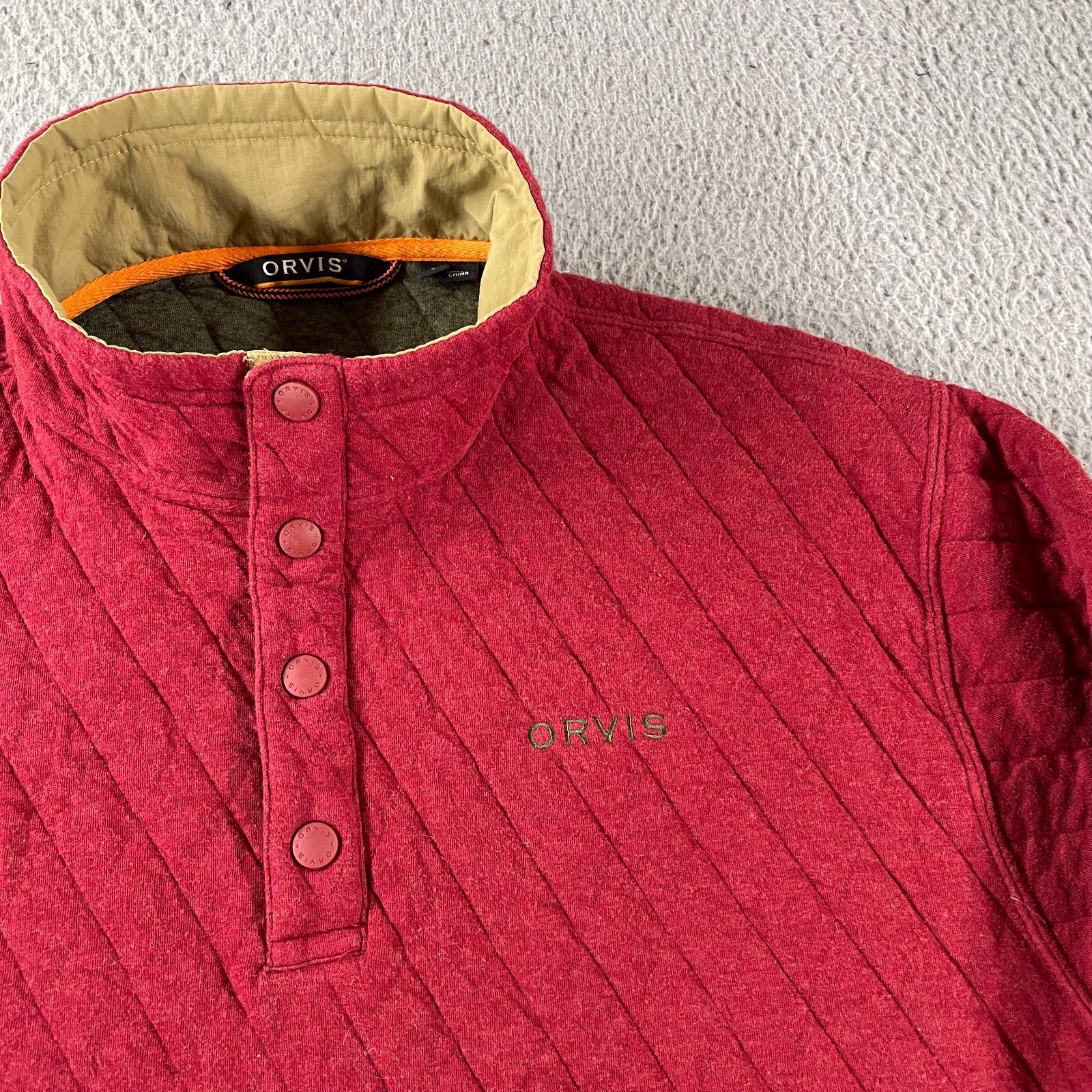 Orvis Pullover Men Large Red Quilted 1/4 Zip Snap Outdoors Hiking Pockets Casual