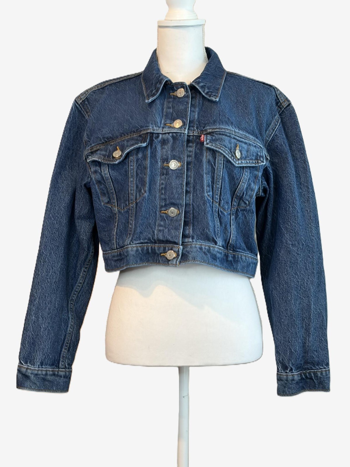 Levi’s Cropped Denim Jacket Womens Large Blue Trucker Jean Jacket Button Front