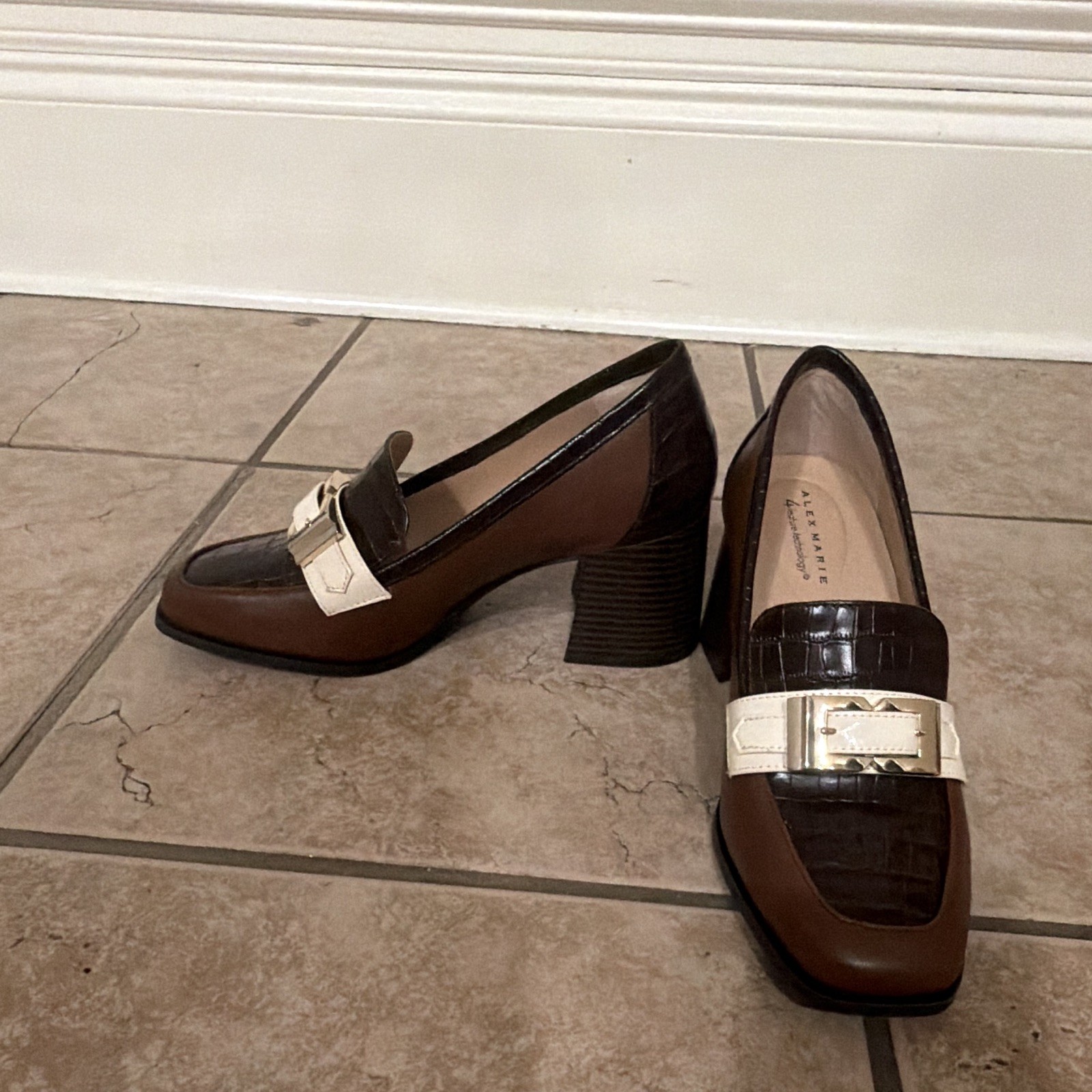 Alex Marie Women’s Leather Colorblock Square Toe Loafer Flats Brown/Cream 9M