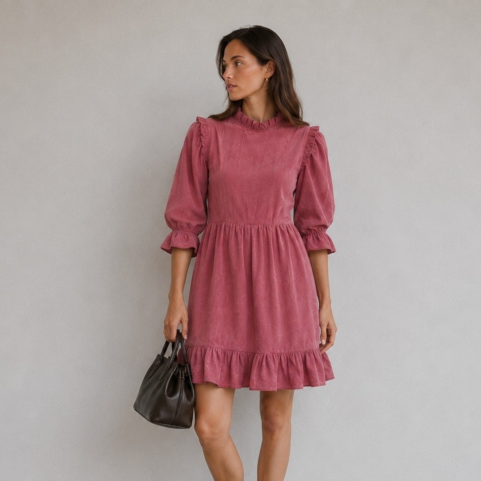 Batsheva Short Prairie Mini Dress in Raspberry Moiré Womens 8 3/4 Sleeve Mock