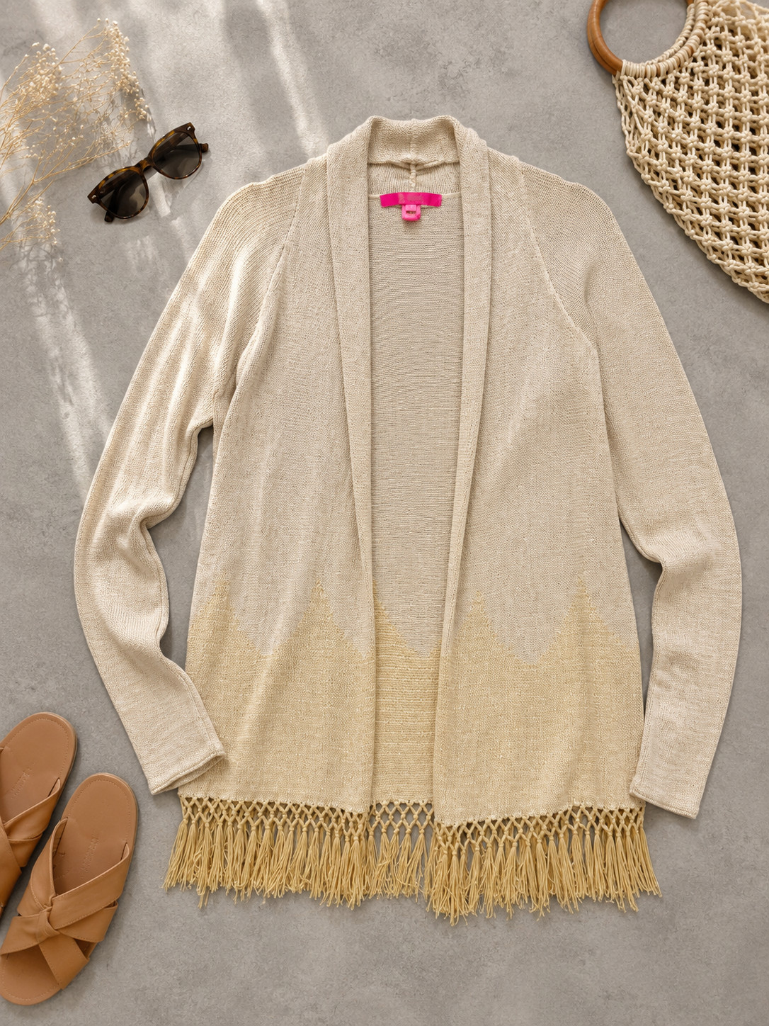 Lilly Pulitzer Tatum Cardigan Cream Fringe Open Front Sweater Boho Coastal, M