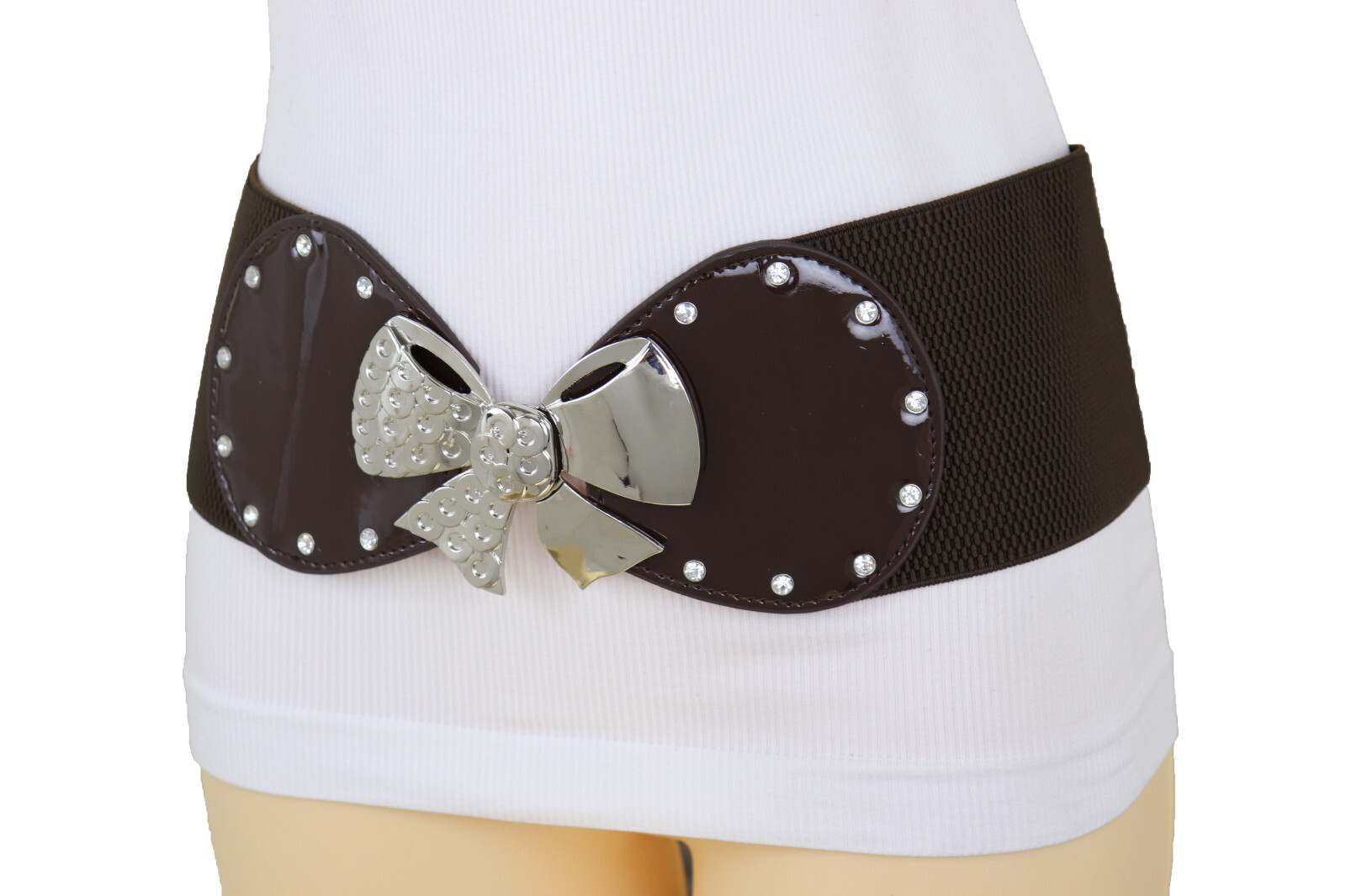 Women Dark Brown Wide Old School Fun Belt Silver Metal Bow Tie Ribbon Buckle S M
