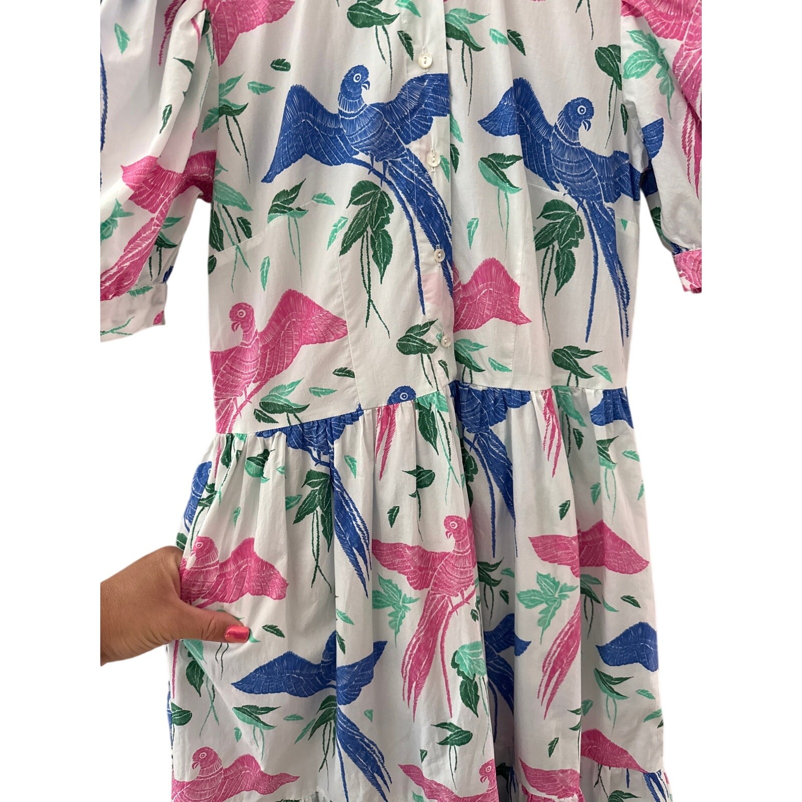 Oliphant Button Cuff Sleeve Poplin Maxi Dress Macaw Blue Multi Pockets Size XXS